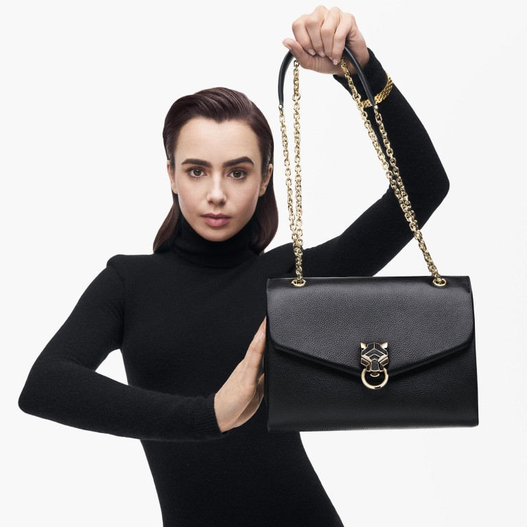 Lily Collins wearing the Panthère de Cartier Small Chain Bag. Photo: Cartier