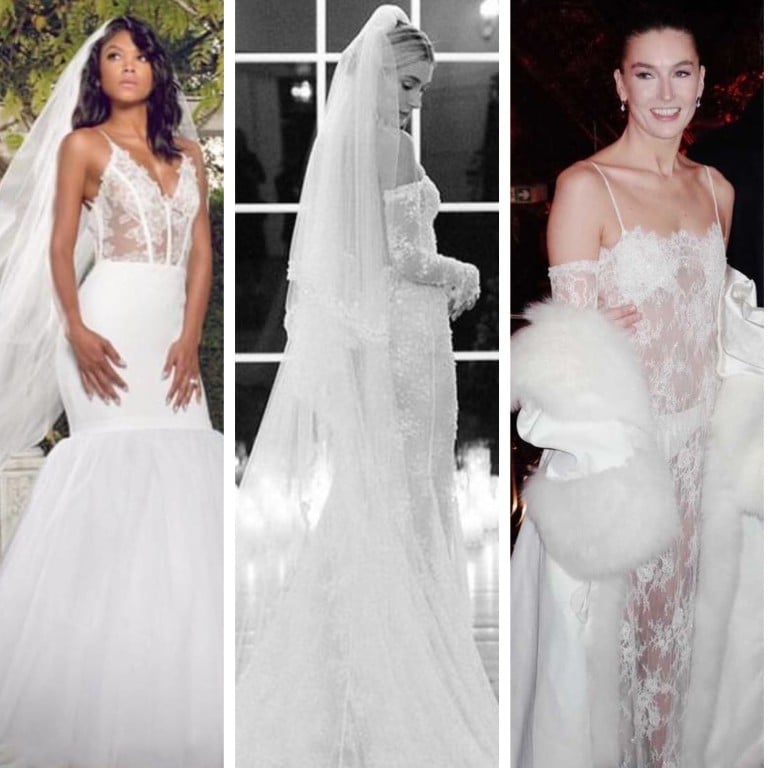 Eniko Hart, Hailey Bieber, Camille Charrière and Priyanka Chopra all wore daring dresses for their wedding days. Photos: @enikohart, @haileybieber, @camillecharriere, @ralphlauren/Instagram