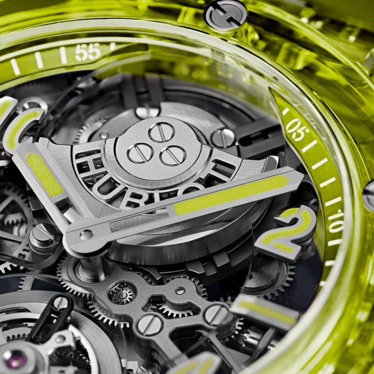 The Hublot Big Bang Tourbillon Automatic Yellow Neon Saxem is so-named for its use of Saxem, or sapphire aluminium oxide and rare earth mineral. Photo: Hublot