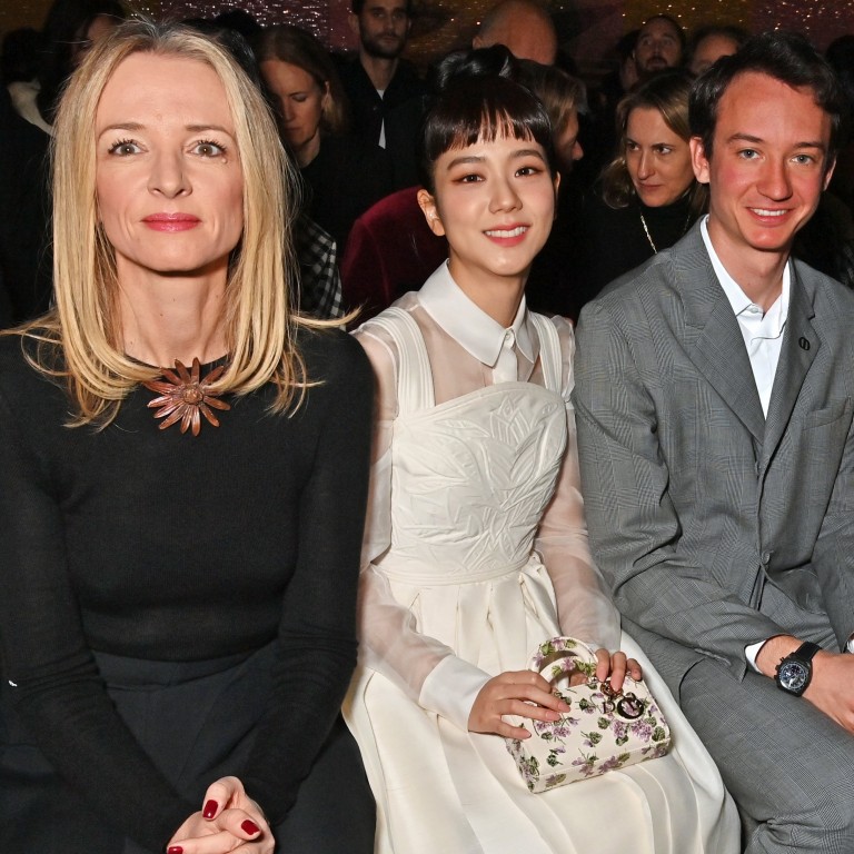 PARIS, FRANCE - JANUARY 23: (L to R) Delphine Arnault, Jisoo, TAG Heuer CEO Frederic Arnault and Rachel Zegler attend the Christian Dior front row during Paris Fashion Week Haute Couture Spring Summer 2023 on January 23, 2023 in Paris, France. (Photo by David M. Benett/Dave Benett/Getty Images)