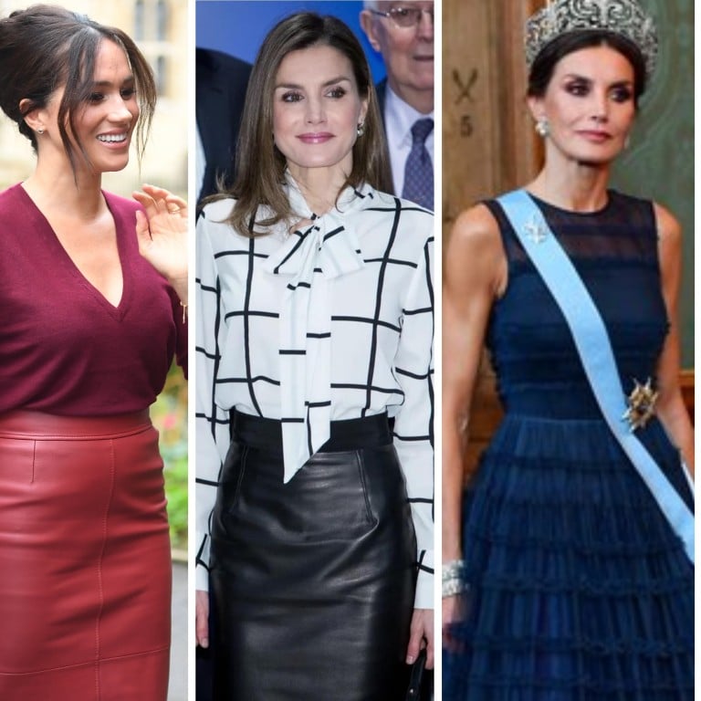 Spain’s Queen Letizia has twinned with Meghan Markle in a Hugo Boss leather skirt and with Swedish Crown Princess Victoria in an H&M ball gown. Photos: Getty Images; @Duchess-On-A-Budget/Facebook; @UnaiQuijada/Twitter; @elisabethtollphotography/Instagram