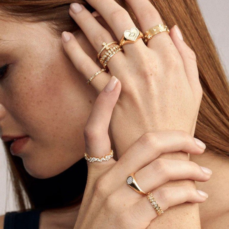 Sydney Evan gold diamond perched marquis eye eternity ring. Photo: Sydney Evan