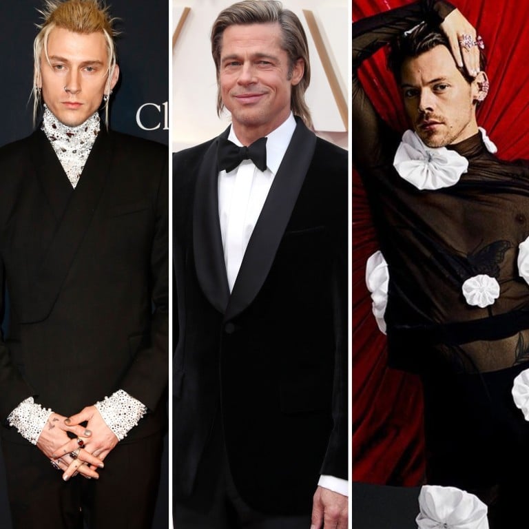 Male celebrities such as Idris Elba, Machine Gun Kelly. Brad Pitt and Harry Styles are joining in on the skincare brand hype. Photos: BFA, EPA-EFE, @pleasing/Instagram