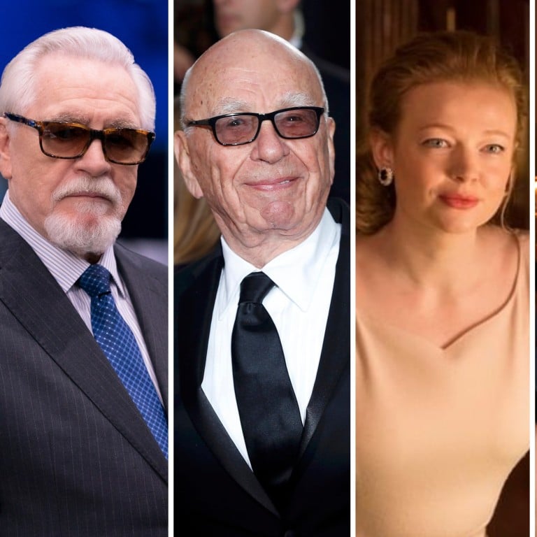 Brian Cox (outermost left) plays the character Logan Roy on HBO hit show Succession, said to be inspired by Rupert Murdoch (centre left); his fictional daughter Siobhan Roy seems to mirror certain facets of Elisabeth Murdoch’s own life, too. Photos: AP, Reuters, @succession/Instagram, Getty Images