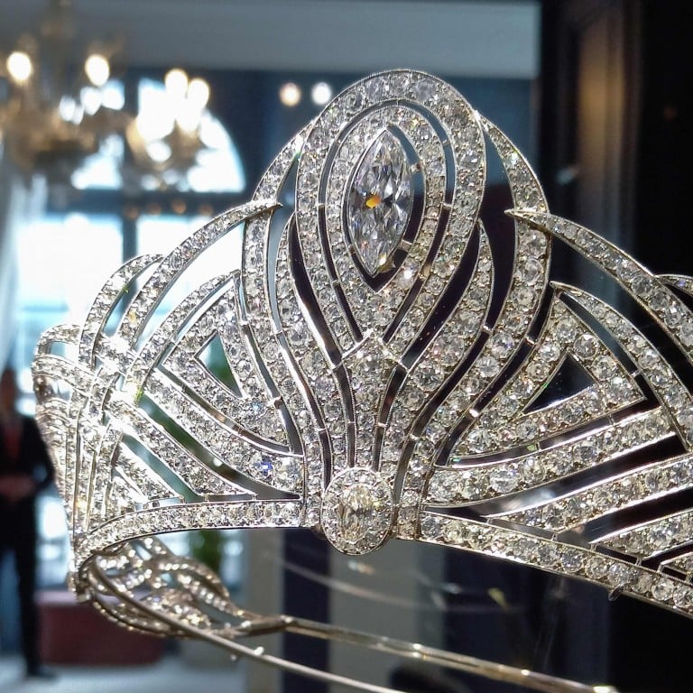 Christie’s auction house shows the Bessborough Diamond Tiara expected to fetch between US$890,000 to US$1.67 million during the Magnificent Jewels sales on May 17, in Geneva. Photo: AFP