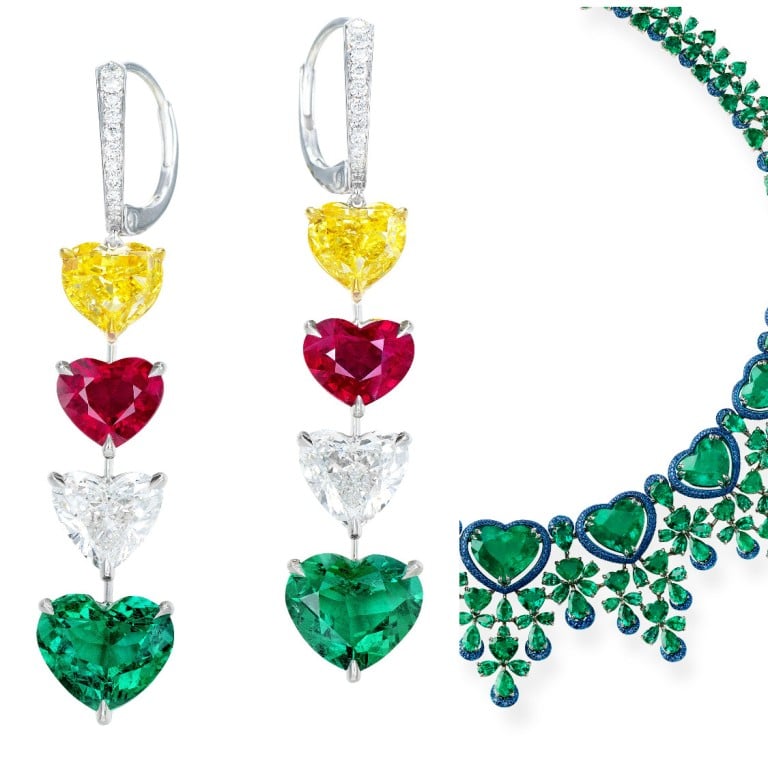 Ronald Abram 13.13 carat heart-shaped emerald, ruby, white and yellow diamond earrings; Chopard Red Carpet collection heart necklace; and Messika Joy Cœur 18-carat white-gold and pavé diamond earring. Photos: Handouts