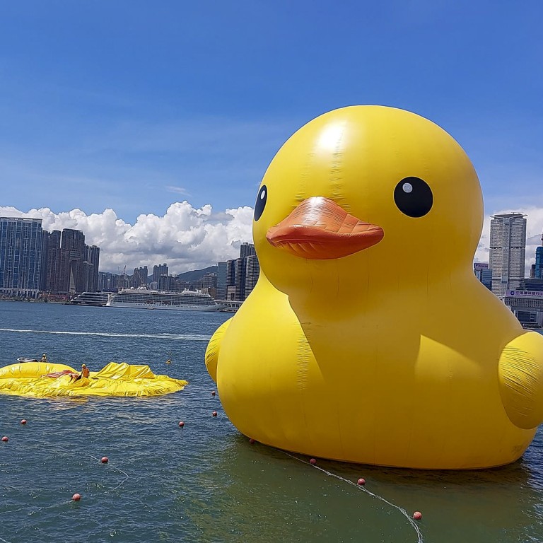 1 of 2 giant rubber ducks in Hong Kong’s Victoria Harbour deflates on