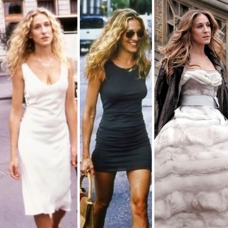 Sarah Jessica Parker rocking Carrie Bradshaw’s most iconic looks on Sex and the City and And Just Like That. Photos: Getty Images, @everyoutfitonsatc/Instagram, She Goes Wear