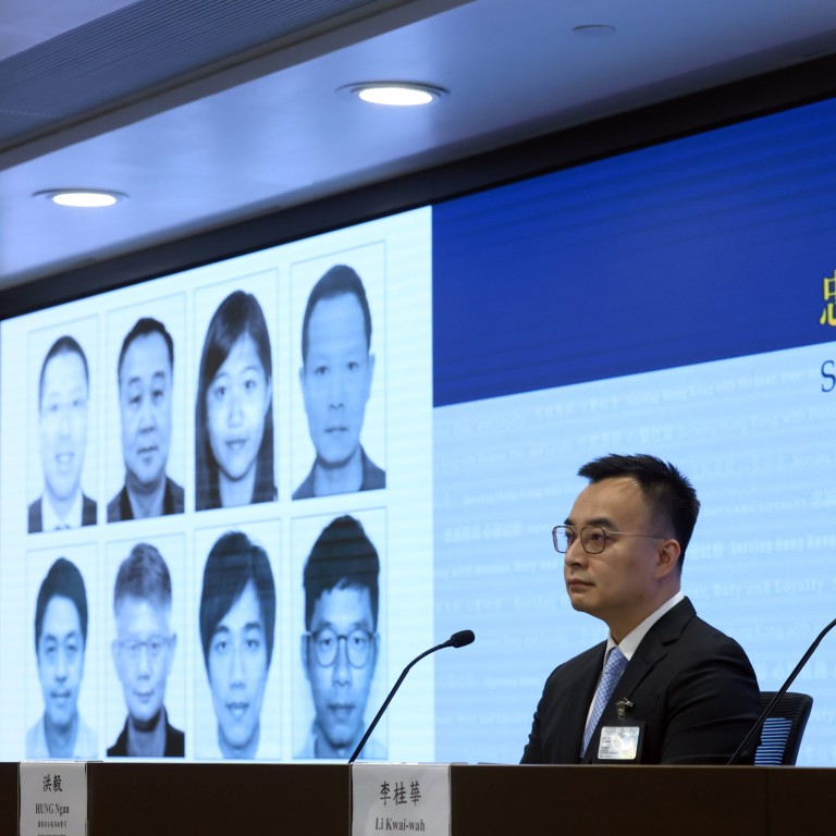 Police display the faces of eight suspects wanted under the national security law. Photo: Dickson Lee