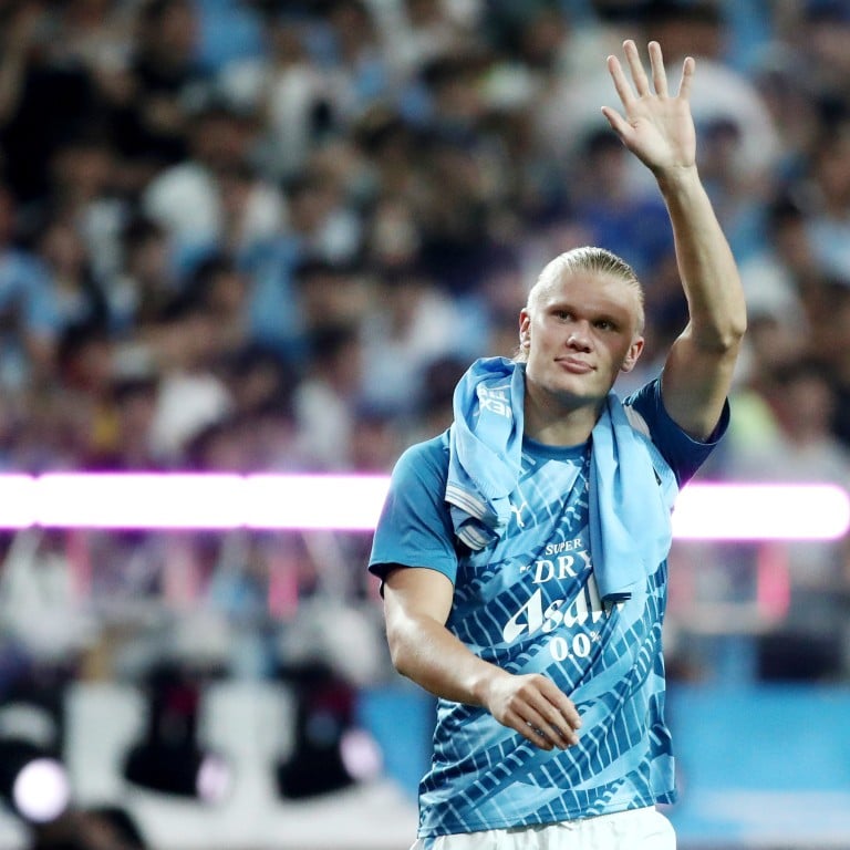 Man City star striker Erling Haaland in the team’s new training shirt, sponsored by Asahi Super Dry 0.0%. Photo: Getty