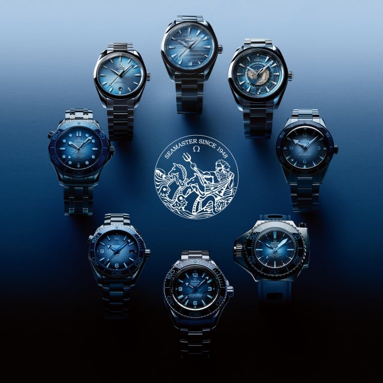 The new models in the 2023 Omega Seamaster family feature a darkening version of the collection’s Summer Blue colour scheme to mimic the effect of depth. Photo: Handout