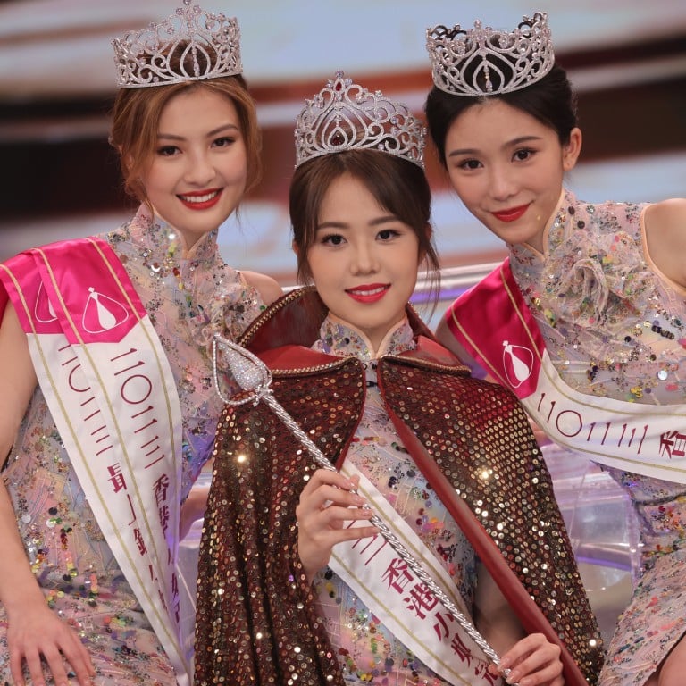 Miss Hong Kong 2023’s first runner-up Lynn Wong, winner Hilary Chong and second runner-up Lovelle Wang pose for a picture at the TVB TV City, Tseung Kwan O, on August 27. Photo: Yik Yeung-man