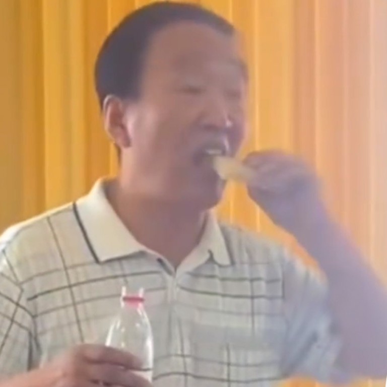 Qi Dexi, chairman of Hongwei Soap Enterprise in Inner Mongolia autonomous region, flimed eating a bar of soap during a live-streaming session in an attempt to prove it was safe and of high quality. Photo: SCMP composite/Baidu