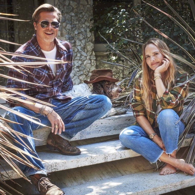 Actor Brad Pitt pictured with God’s True Cashmere co-founder, jewellery designer Sat Hari. The label elevates the humble plaid shirts with 11 gemstones to keep you done up. Photos: Handout