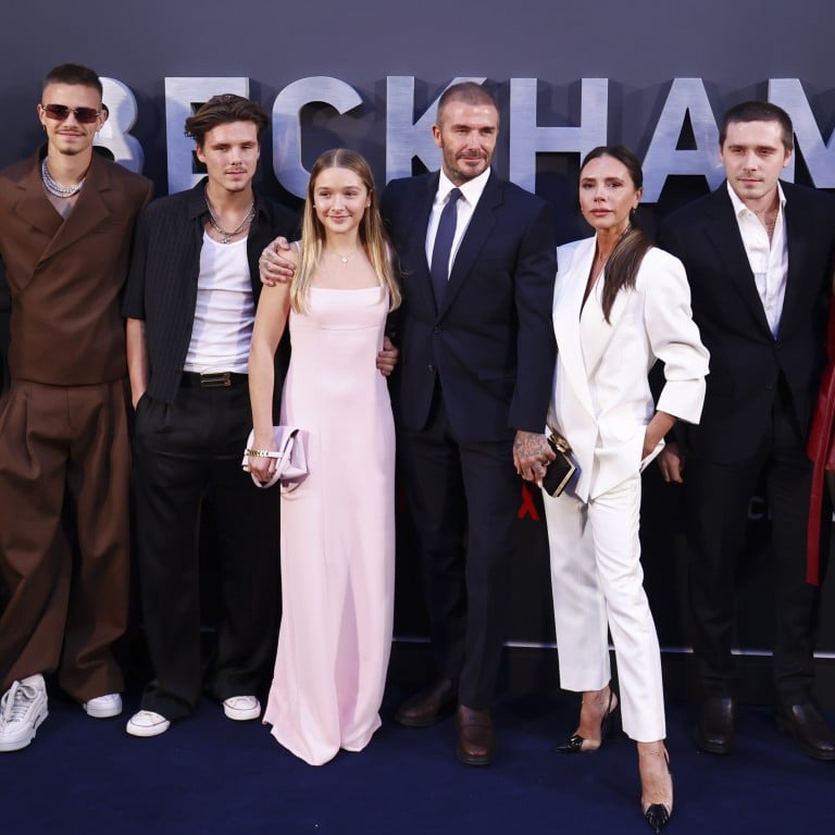 Mia Regan, Romeo Beckham, Cruz Beckham, Harper Beckham, David Beckham, Victoria Beckham, Brooklyn Peltz Beckham and Nicola Peltz Beckham attend the premiere of Beckham at the Curzon Mayfair, London, Britain, on October 3. Photo: EPA-EFE