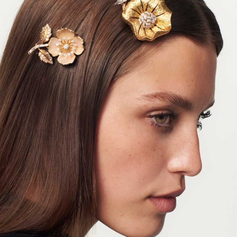 These flower clips date from the 1950s when they were worn on jacket lapels. Today, 70 years on, they are being repurposed as hair jewellery, part of widening trend. Photo: Boucheron