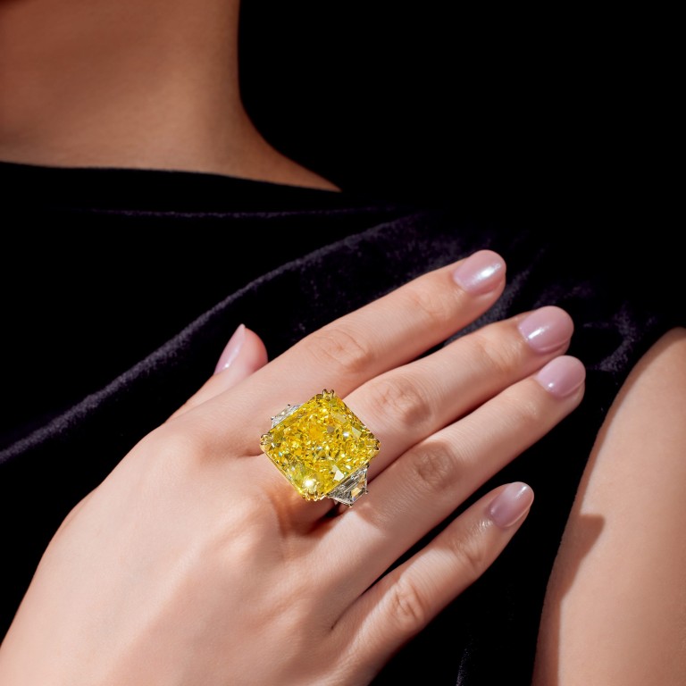 A 25.88-carat fancy vivid yellow diamond fetched HK$10.3 million (US$1.3 million) at the Poly Auction Hong Kong sale on October 5. Across the board at the top auction houses, fancy coloured diamonds as well as jadeite have been the standouts this autumn. Photos: Handouts