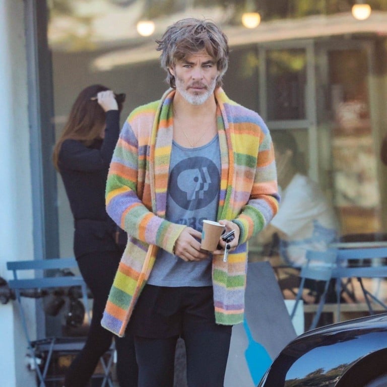 Chris Pine out and about in Los Angeles in a striped cardigan from The Elder Statesman paired with shorts and leggings. Photo: @TrekkieKindTrekker/Twitter