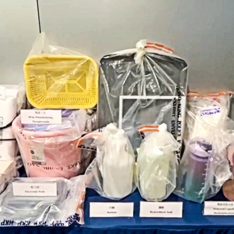 hong kong police arrest 2 men, seize over hk$5 million worth of crystal and liquid meth in raid on flat used as drug manufacturing and storage centre