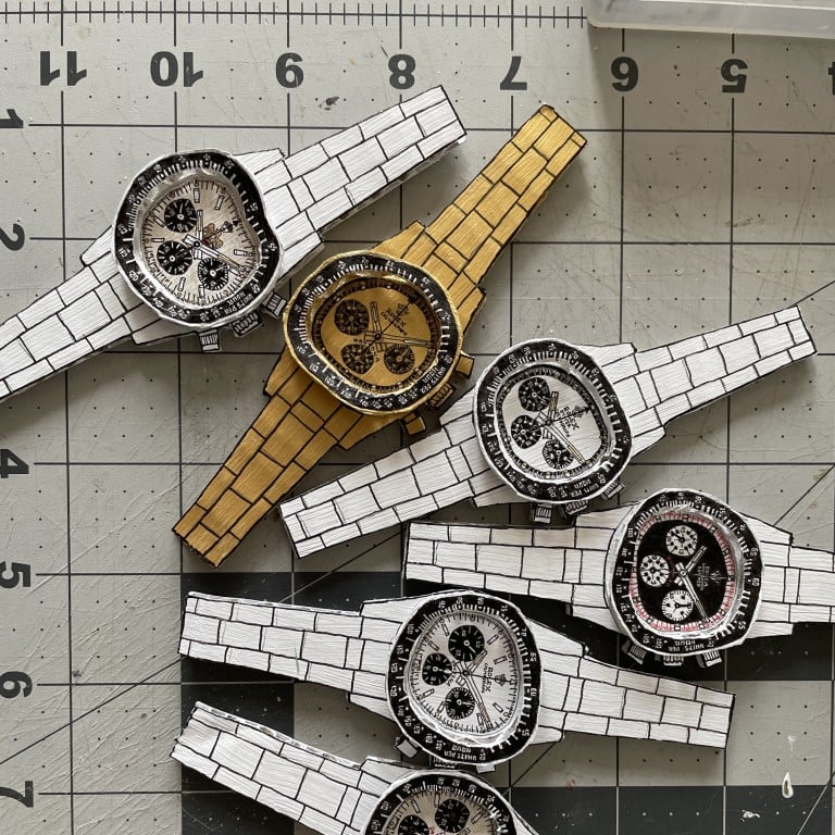 Hong Kong-based artist Gabe Lau, founder of Labeg, creates playful cardboard copies of real luxury watches, such as these Rolex “fakes”. Photos: Handout