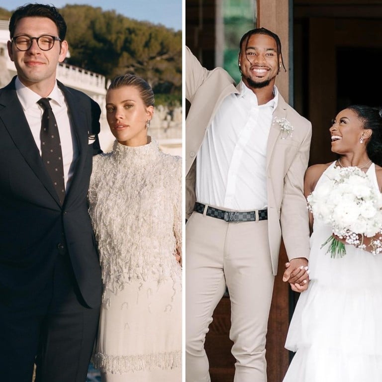 Sofia Richie and Elliot Grainge, Simone Biles and Jonathan Owens, and Dylan Sprouse and Barbara Palvin are just three celebrity couples who tied the knot this year. Photos: @realbarbarapalvin, @simonebiles, @sofiarichiegrainge/Instagram