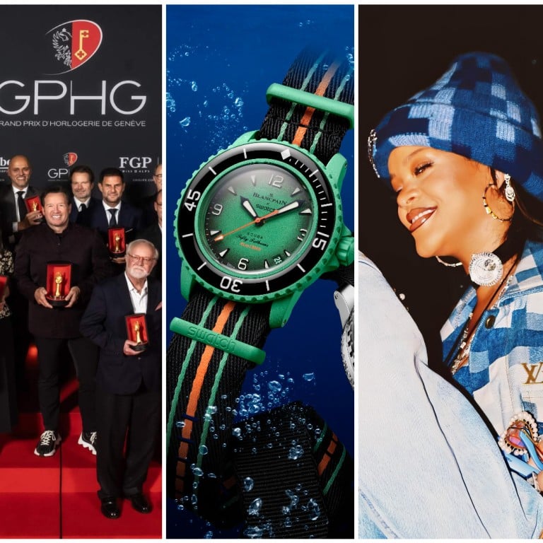 From left to right: Rolex buys Bucherer; Louis Vuitton releases the steel Tambour; GPHG celebrates the best in watchmaking this year; Blancpain collaborates with Swatch on the bioceramic Scuba Fifty Fathoms; Rihanna stuns at LV with a Jacob & Co watch choker. Photos: Handout