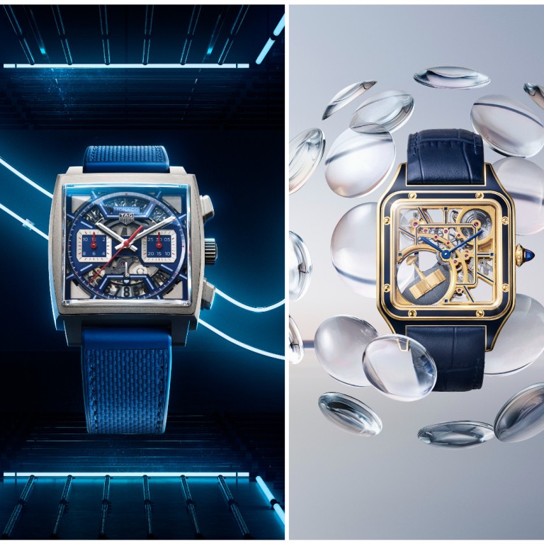 From left to right: Tag Heuer Monaco Skeleton; Cartier Santos-Dumont Skeleton Micro-Rotor; Glashütte Original Seventies Chronograph Panorama Date