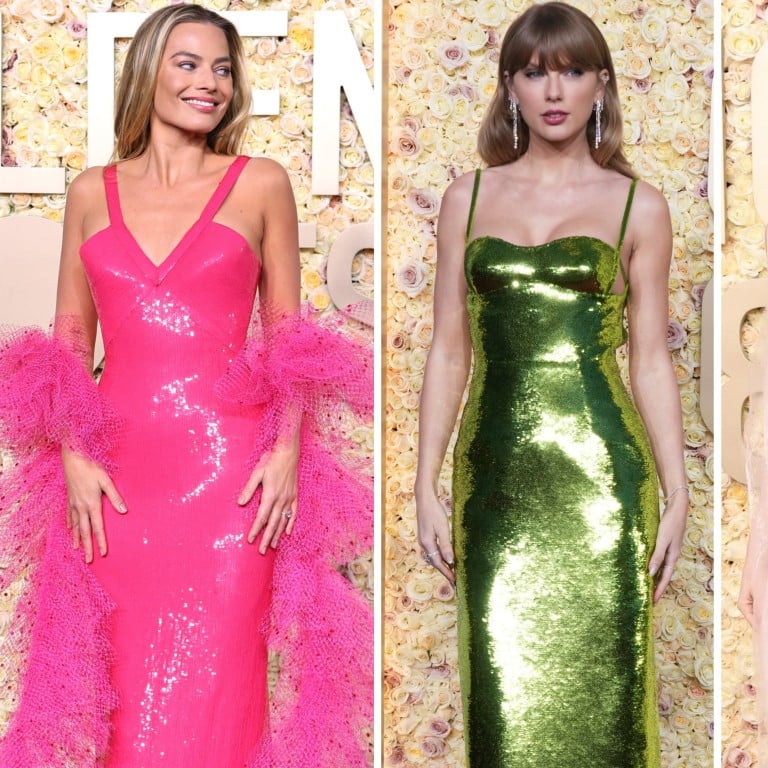 Margot Robbie, Taylor Swift and Hunter Schafer at the 2024 Golden Globes. Photos: AP, Getty Images, AFP