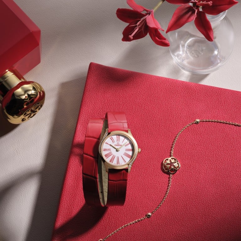 For Valentine’s Day Omega offers for him, the Seamaster Aqua Terra Worldtimer in titanium or stainless steel; and for her the Mini Trésor with its ‘Her Time’ pattern and pavé diamonds. Photo: Handout