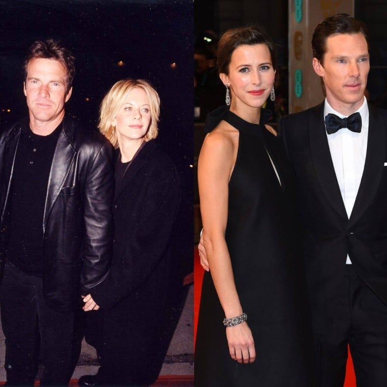 Celebrity couples who tied the knot on Valentine’s Day (from left): Dennis Quaid and Meg Ryan, Sophie Hunter and Benedict Cumberbatch, and Sharon Stone and Phil Bronstein. Photos: Getty Images