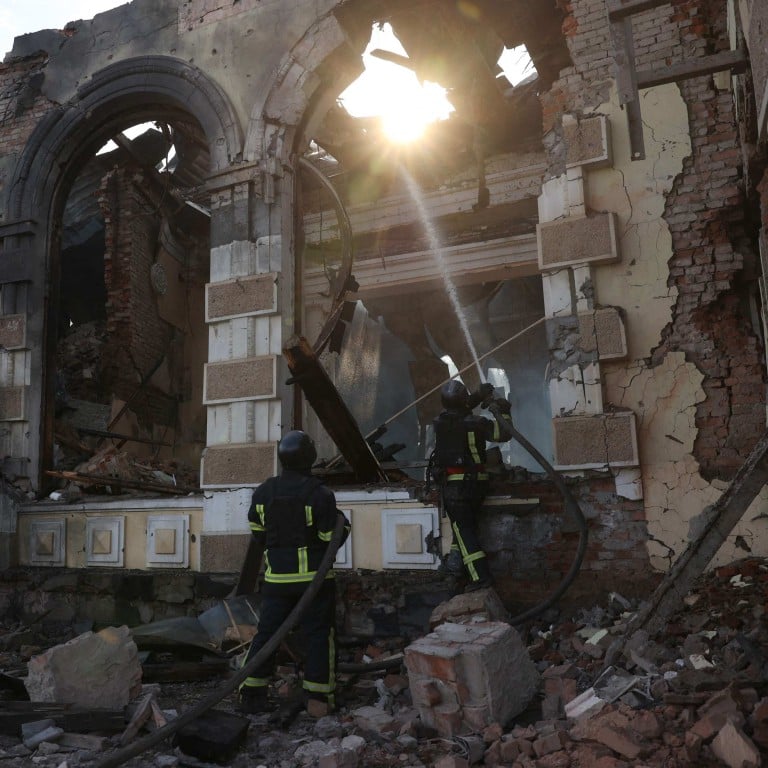 Firefighters extinguish a fire at a railway station destroyed by a Russian missile attack in Konstyantynivka, Ukraine. Photo: AFP