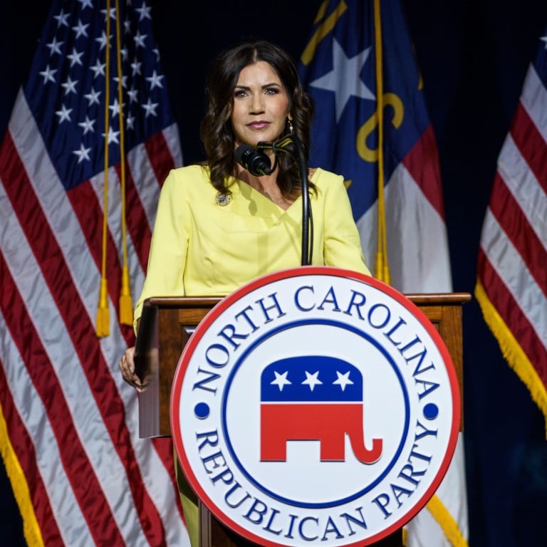 South Dakota Governor Kristi Noem speaks to attendees at the North Carolina GOP convention in June 2021, in Greenville, North Carolina. Photo: Getty Images