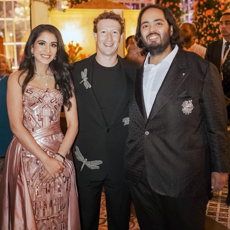 Mark Zuckerberg (center) with billionaire Mukesh Ambani’s son Anant Ambani (right) and Radhika Merchant at their pre-wedding bash in Jamnagar, India, on March 2. Photo: Reliance group via AP