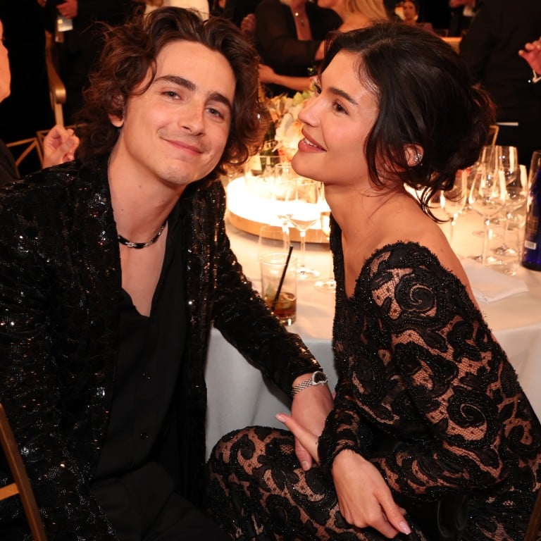 Timothée Chalamet and Kylie Jenner in archival Hanae Mori at the Golden Globes on January 7 in Beverly Hills. Photo: Getty Images