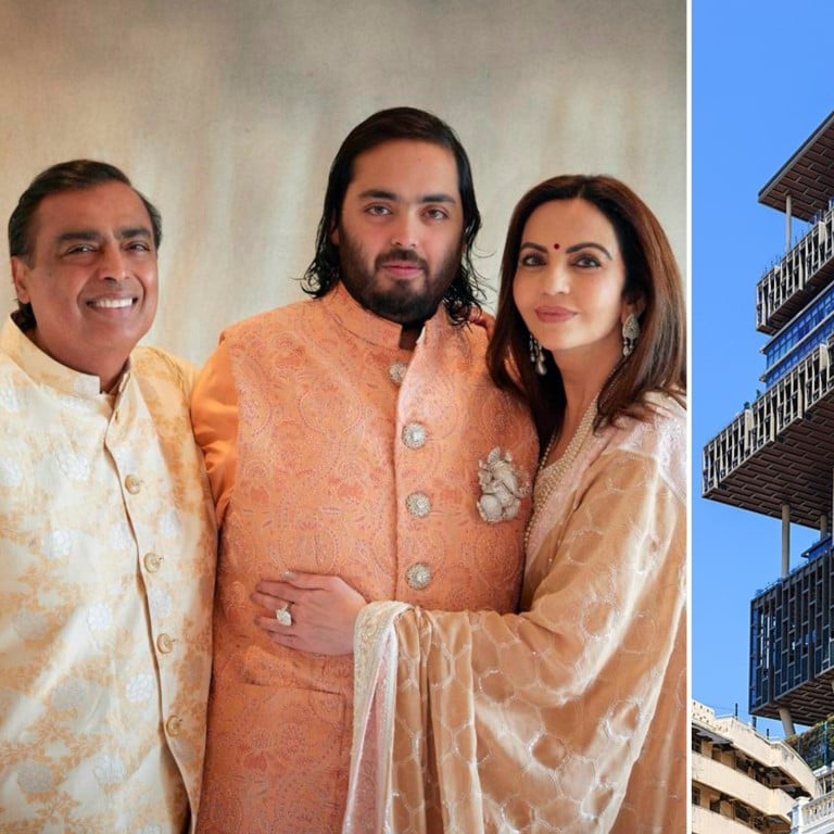 Ambani family members – Mukesh, his wife Nita and son Anant are pictured on the right – live in their Antilia mansion in Mumbai. Photo: AP, Wiki Commons