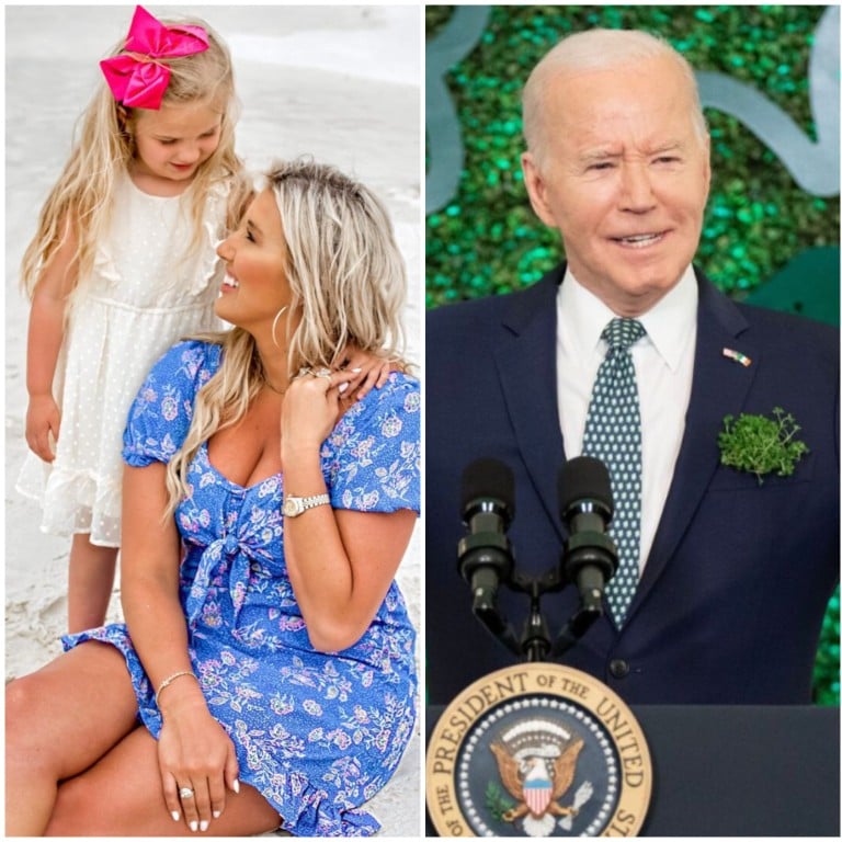 Former exotic dancer Lunden Roberts with her daughter Navy Joan Roberts – who is Joe Biden’s granddaughter via his son Hunter. Photos: @lundentownn_/Instagram; Bloomberg