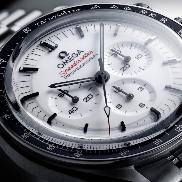 Among Omega’s spring highlights is a new Speedmaster Moonwatch, for the first time with a lacquered white dial. Photos: Handout