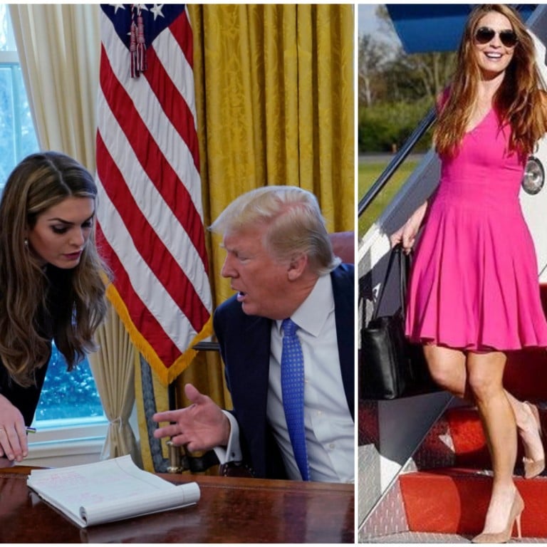 Hope Hicks confers with former President Donald Trump in the Oval Office; Hicks steps off a plane in a bright pink sundress. Photos: Reuters, @hopehicksfanpage/Instagram