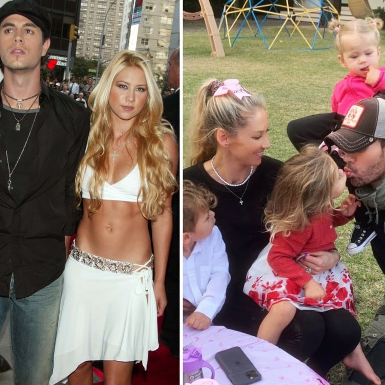 Enrique Iglesias and Anna Kournikova at the premier of Once Upon a Time In Mexico in New York in 2003; the couple with their children in an Instagram post. Photos: Getty Images, @annakournikova/Instagram