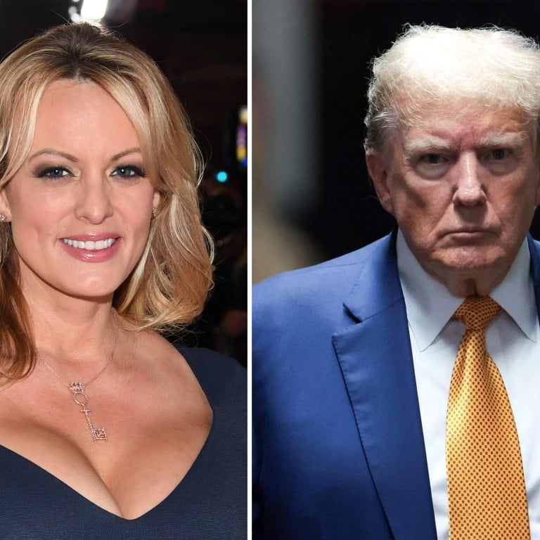Stormy Daniels at an event; ex US president Donald Trump makes a court appearance. Photos: AFP