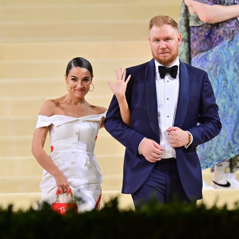 Alexandria Ocasio-Cortez and Riley Roberts leave after the 2021 Met Gala. Photo: Getty Images
