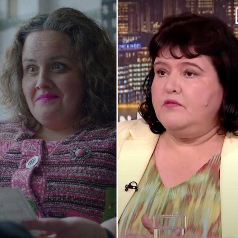 The character Martha Scott from the Netflix show Baby Reindeer, and the woman she is reportedly based on, Fiona Harvey. Photos: Netflix, YouTube