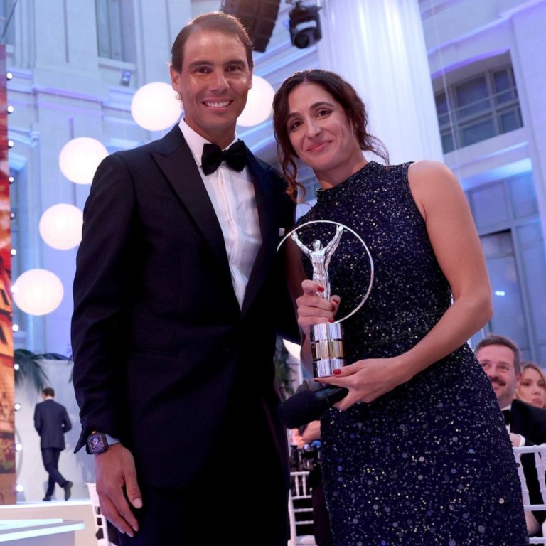 Rafael Nadal and his wife, Mery “Xisca” Perelló, posing with Fundación Rafa Nadal’s 2024 Laureus Sport for Good Award in April. Photo: @frnadal/Instagram