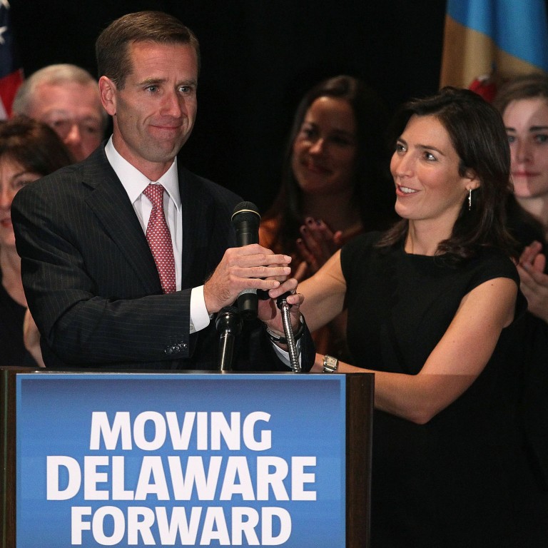The late Beau Biden, then attorney general, celebrates his win with his then wife Hallie Biden during a victory party for Democrats in 2010, in Wilmington, Delaware. Photo: Getty Images