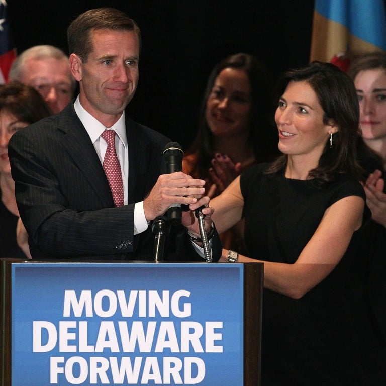 The late Beau Biden, then attorney general, celebrates his win with his then wife Hallie Biden during a victory party for Democrats in 2010, in Wilmington, Delaware. Photo: Getty Images