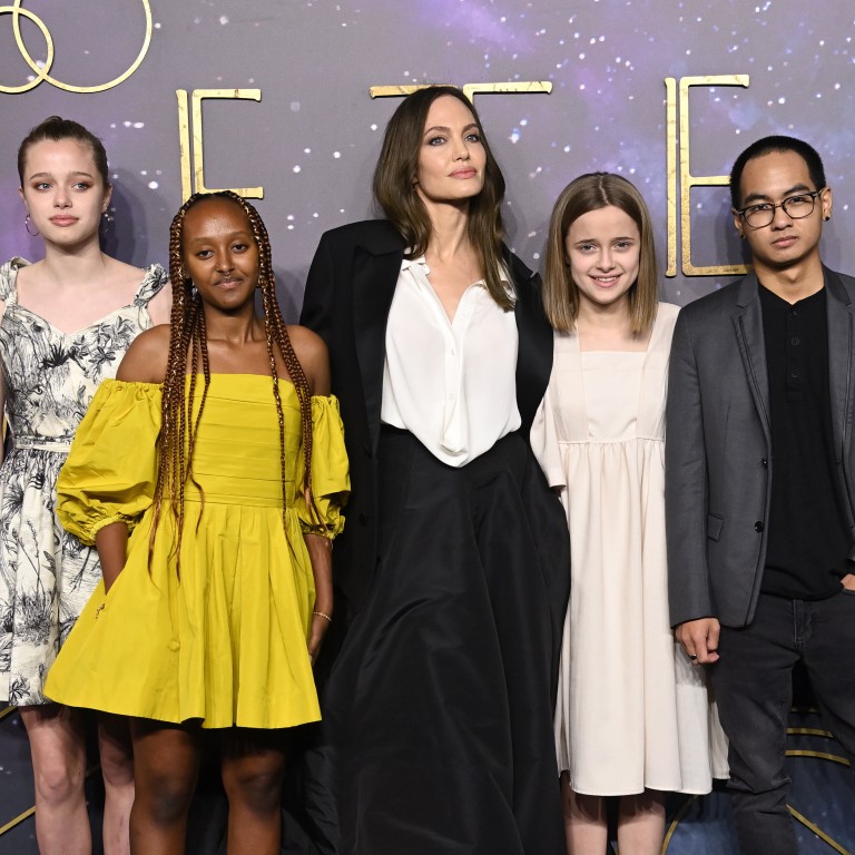 Shiloh Jolie-Pitt, Zahara Jolie-Pitt, Angelina Jolie, Vivienne Jolie-Pitt, Maddox Jolie-Pitt and Knox Jolie-Pitt attend the Eternals UK premiere at BFI Imax Waterloo, in October 2021.