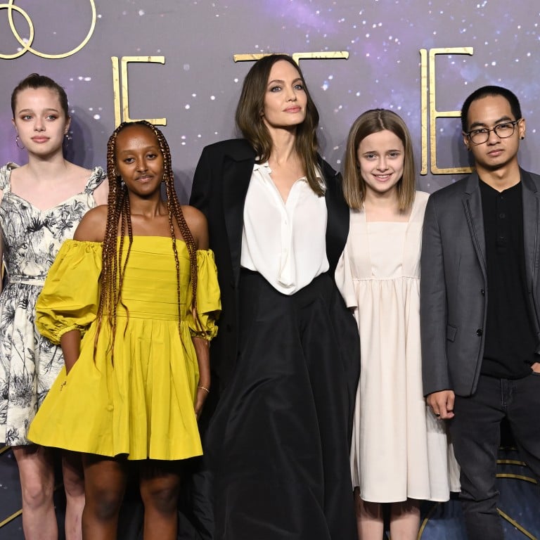 Shiloh Jolie-Pitt, Zahara Jolie-Pitt, Angelina Jolie, Vivienne Jolie-Pitt, Maddox Jolie-Pitt and Knox Jolie-Pitt attend the Eternals UK premiere at BFI Imax Waterloo, in October 2021.