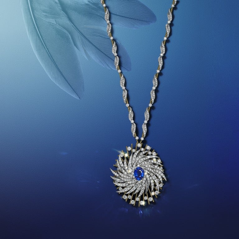A pendant in platinum and 18k yellow gold with an unenhanced sapphire of over nine carats and diamonds, from the Tiffany Céleste high jewellery collection from Tiffany & Co. Photos: Handout