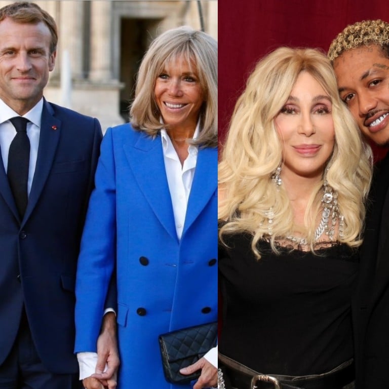 Kris Jenner and Corey Gamble, Emmanuel Macron and Brigitte Macron, and Cher and Alexander Edwards all have large age gaps. Photos: @krisjenner/Instagram, @RedpillDrifter/X, Getty Images