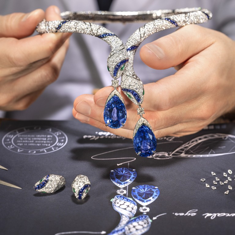 The dramatic Serpenti Sapphire Echo necklace is part of Bulgari’s Aeterna collection. Photos: Handout